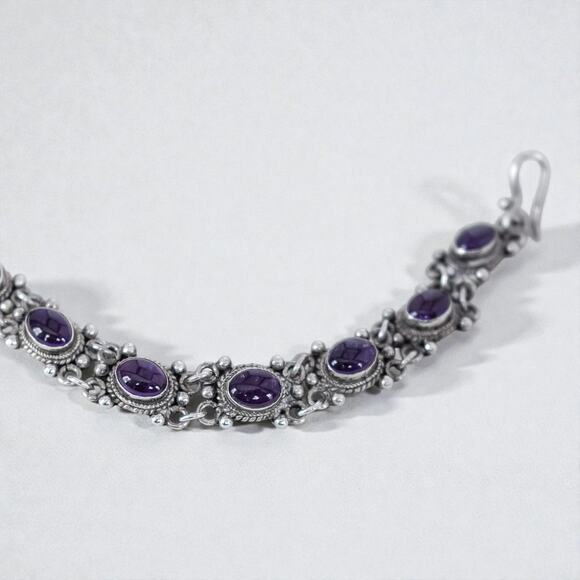 Vintage 925 Silver Amethyst Tennis Bracelet Scrollwork Purple Gemstone 6.5" - Picture 3 of 12